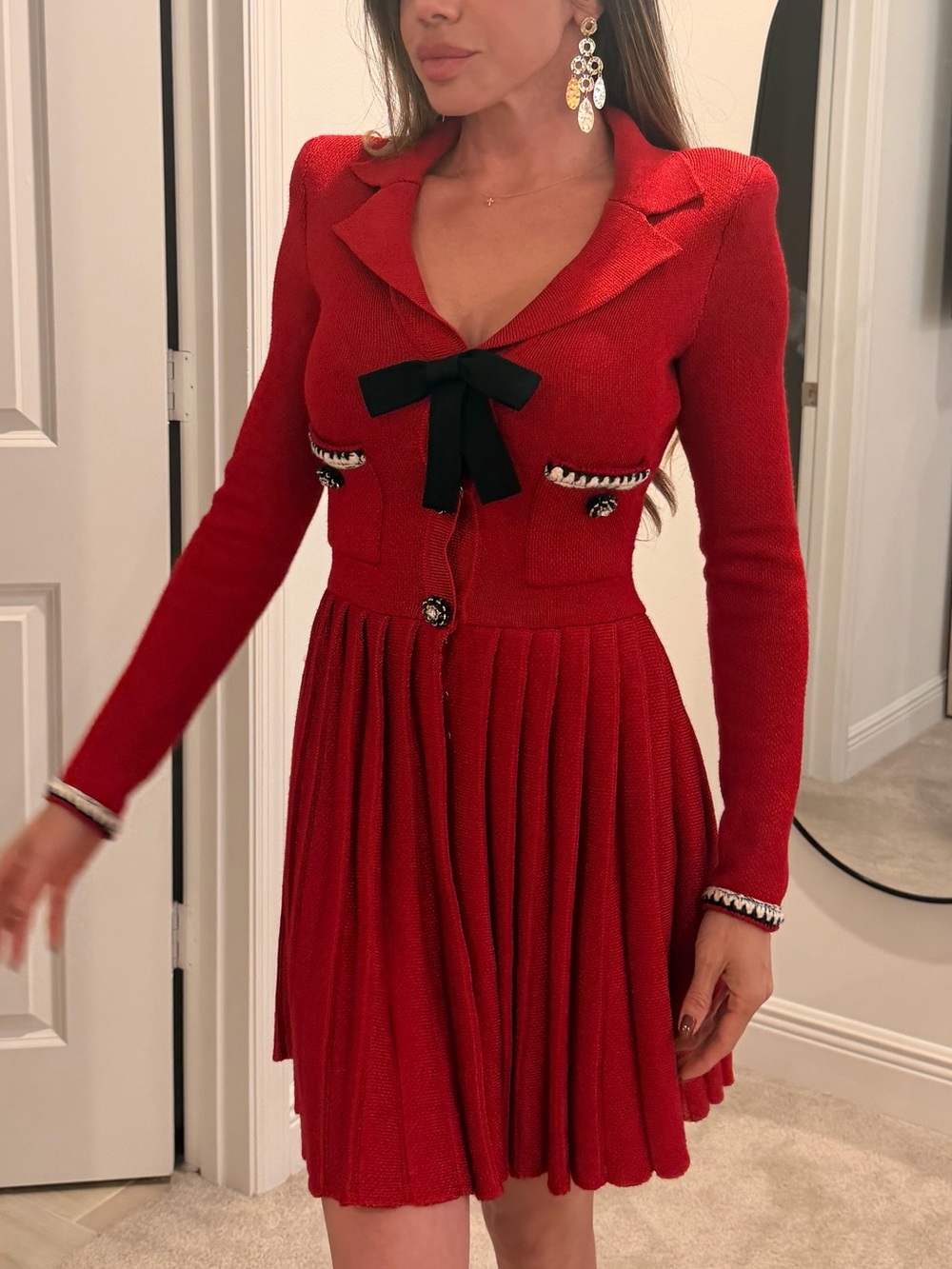 Self-Portrait Red Long-Sleeve Pleated Dress with Black Bow